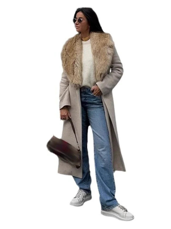 Women’s Long Coat – Wool Blend – Relaxed Fit – Belted Waist – Faux Fur Collar