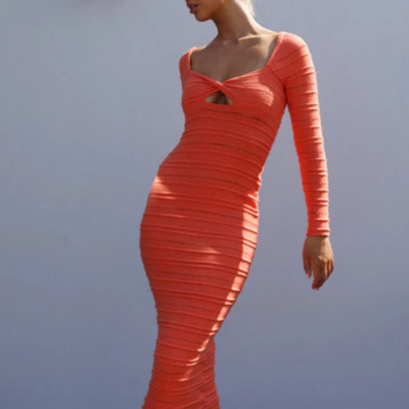 Women’s Knit Dress – Slim Fit – Twist Neckline – Cut-Out Chest – Full Length – Long Sleeve