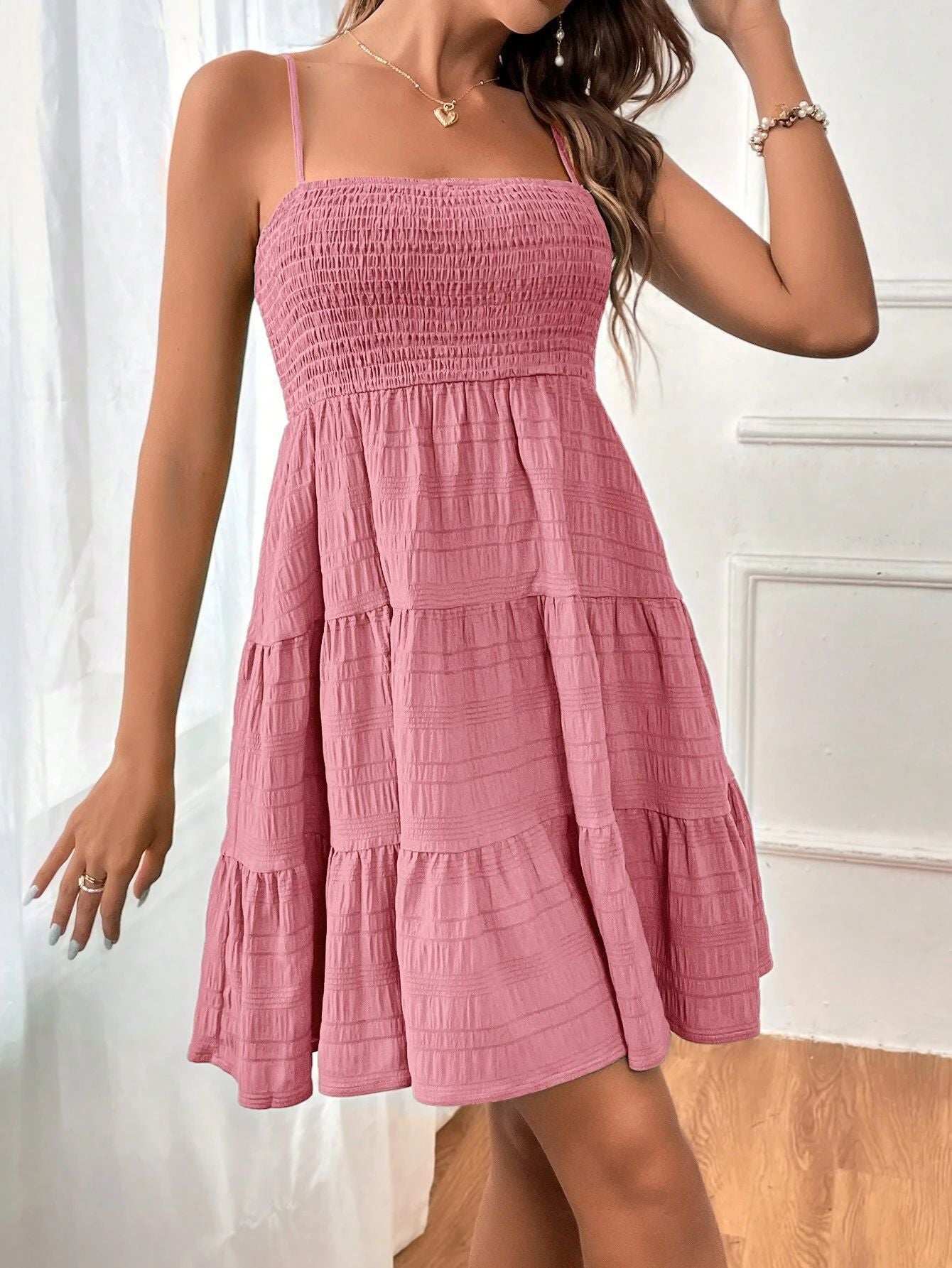 Women's Sundress - Smocked Bodice - Spaghetti Straps - Tiered Flowy Skirt