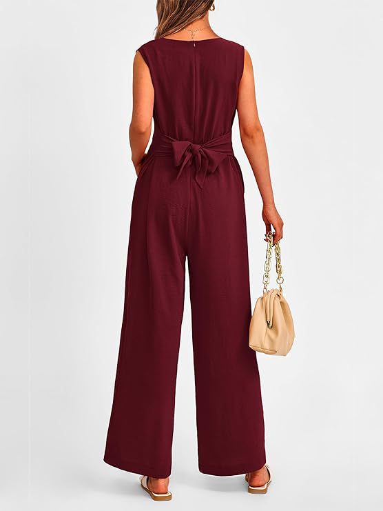 Women's Jumpsuit - V-Neck with Tie Waist - Elegant Wide-Leg Design