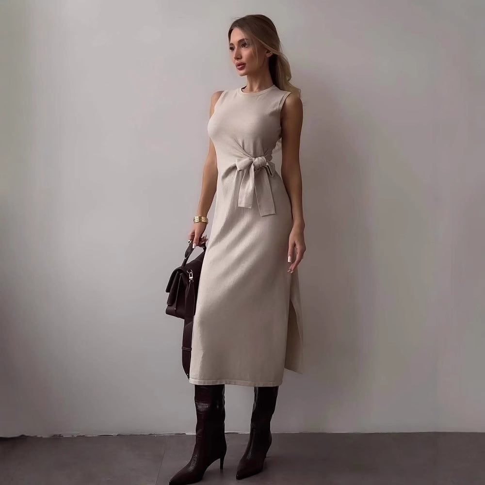 Women’s Midi Dress – Slim Fit – Sleeveless – Bow Waist – Soft Stretch Fabric
