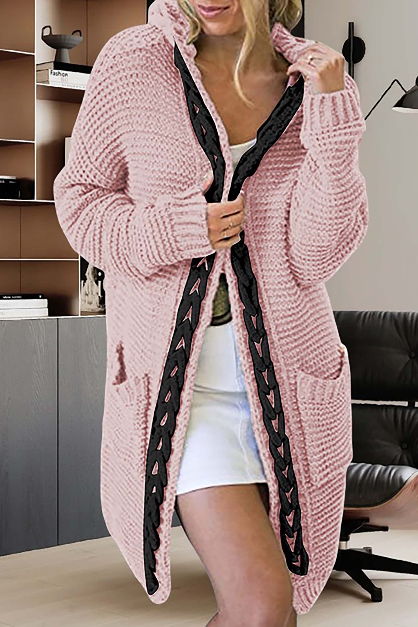 Women's Open-Front Cardigan - Chunky Knit - Long Length - Relaxed Fit - Braided Detail