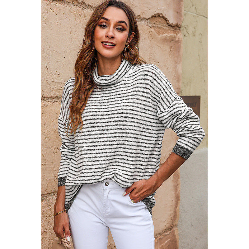 Women’s Turtleneck Knit Sweater – Relaxed Fit – Wool Blend – Striped – Ribbed Trim