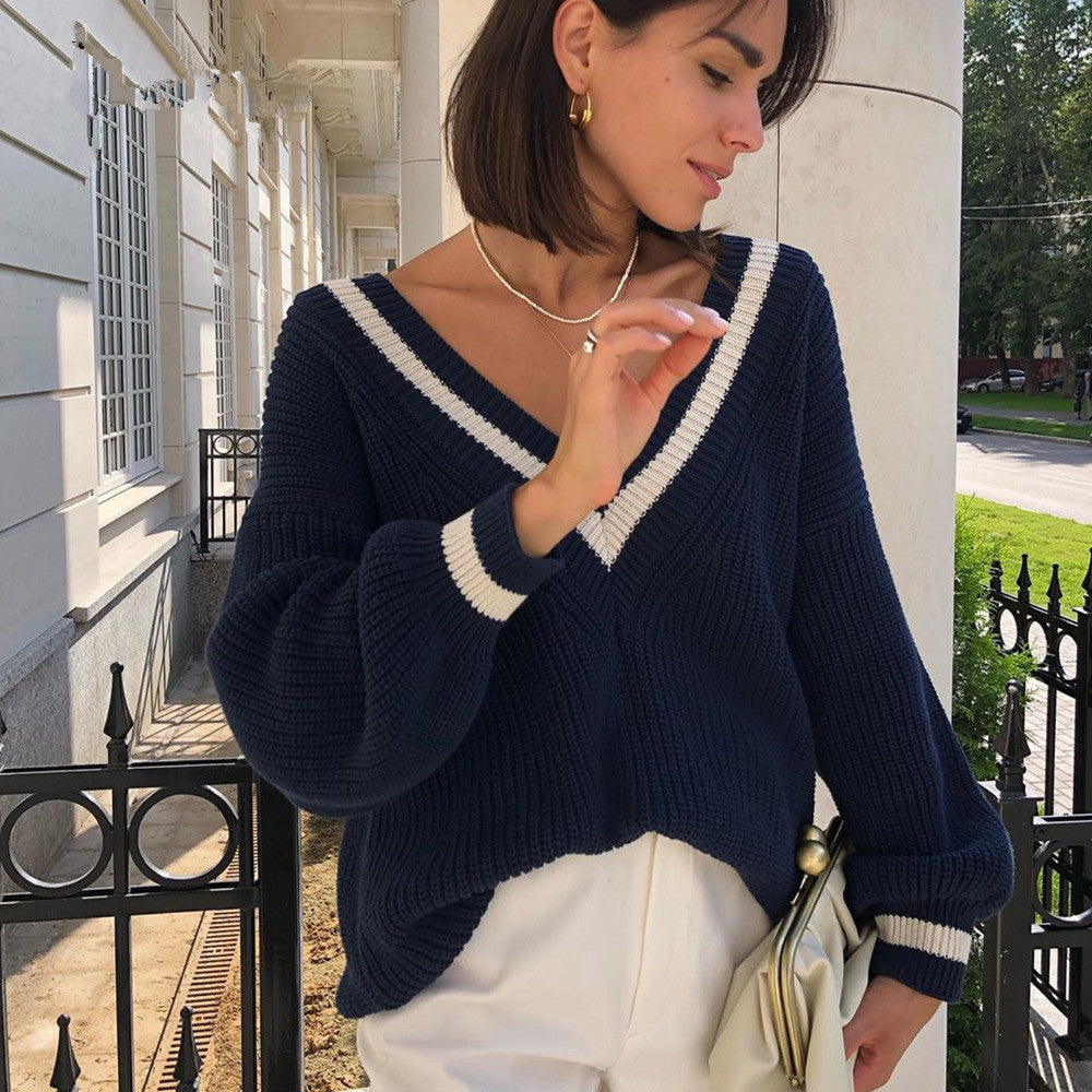 Women's v-neck contrast color casual sweater