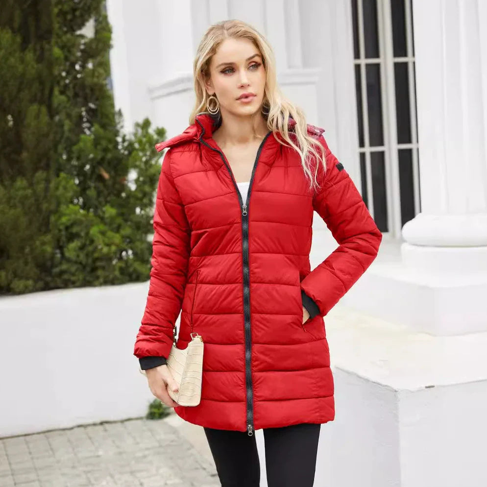 Women’s Puffer Jacket – Quilted Mid-Length Fit – Detachable Hood – Zipper Closure