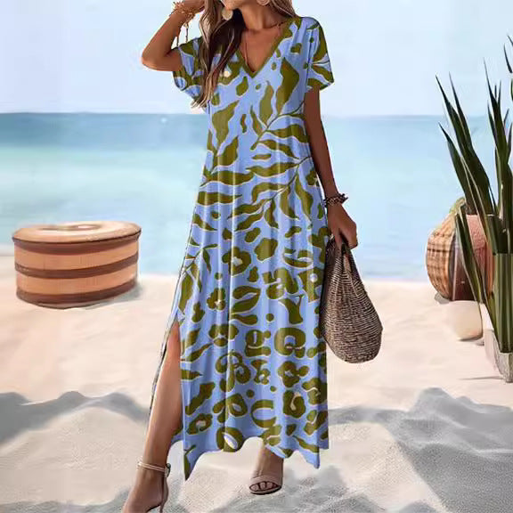 Women’s Maxi Dress – Relaxed Fit – V-Neck – Short Sleeve – Breathable – Side Slit