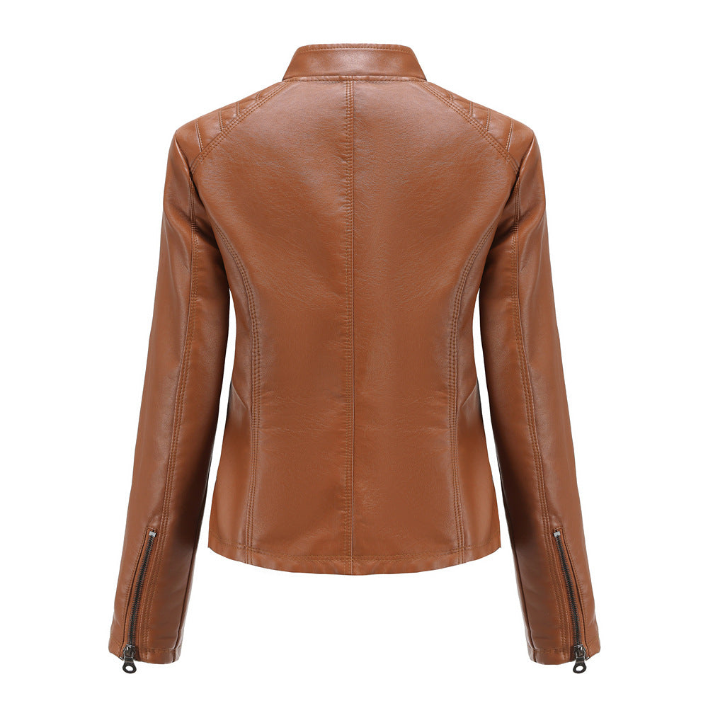 Women's casual faux leather stand-up collar jacket