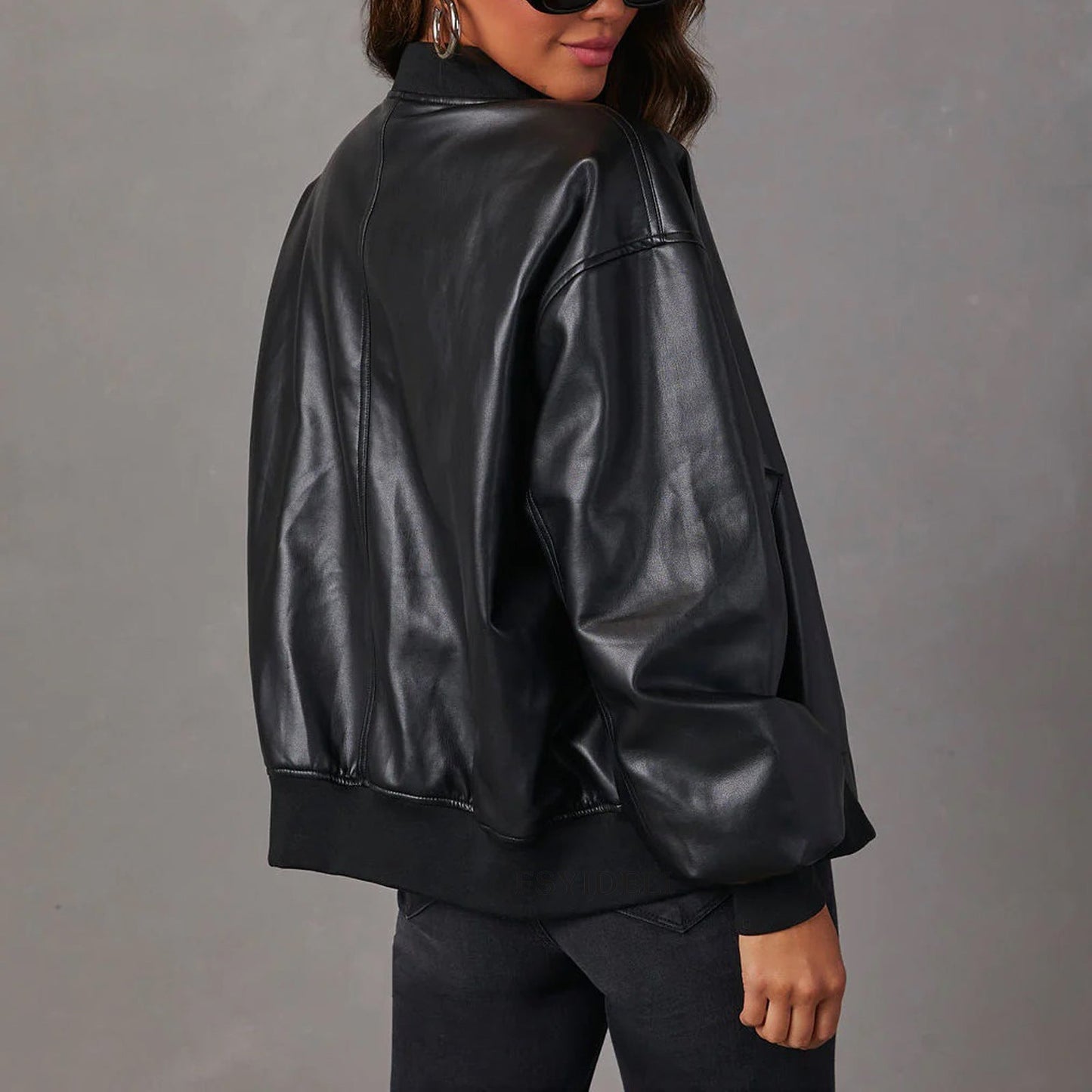 Women’s Leather Jacket – Oversized Relaxed Fit – Ribbed Trim – Full Zip Closure