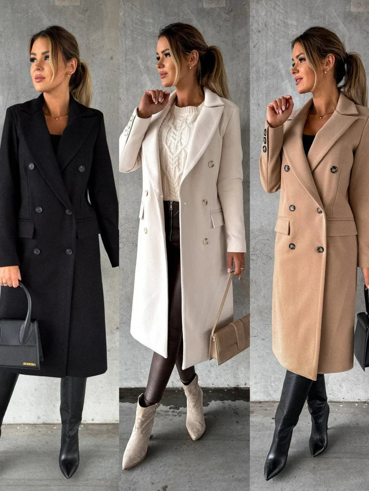 Women's long coat lapel with front pocket and button closure