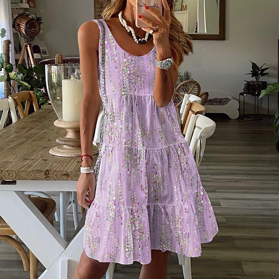 Women’s Mini Dress – Relaxed Fit – Tiered Flowy Silhouette – Sleeveless Scoop Neck – Lightweight Cotton