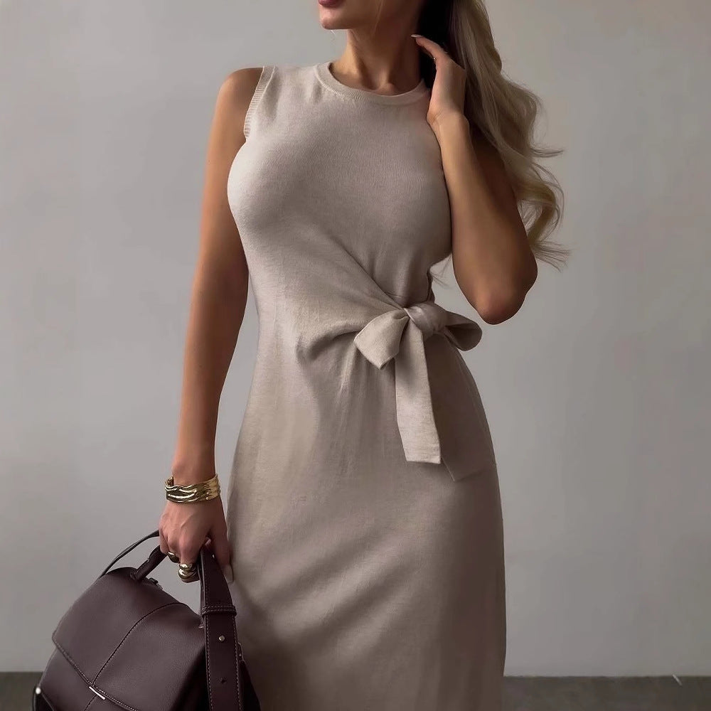 Women’s Midi Dress – Slim Fit – Sleeveless – Bow Waist – Soft Stretch Fabric