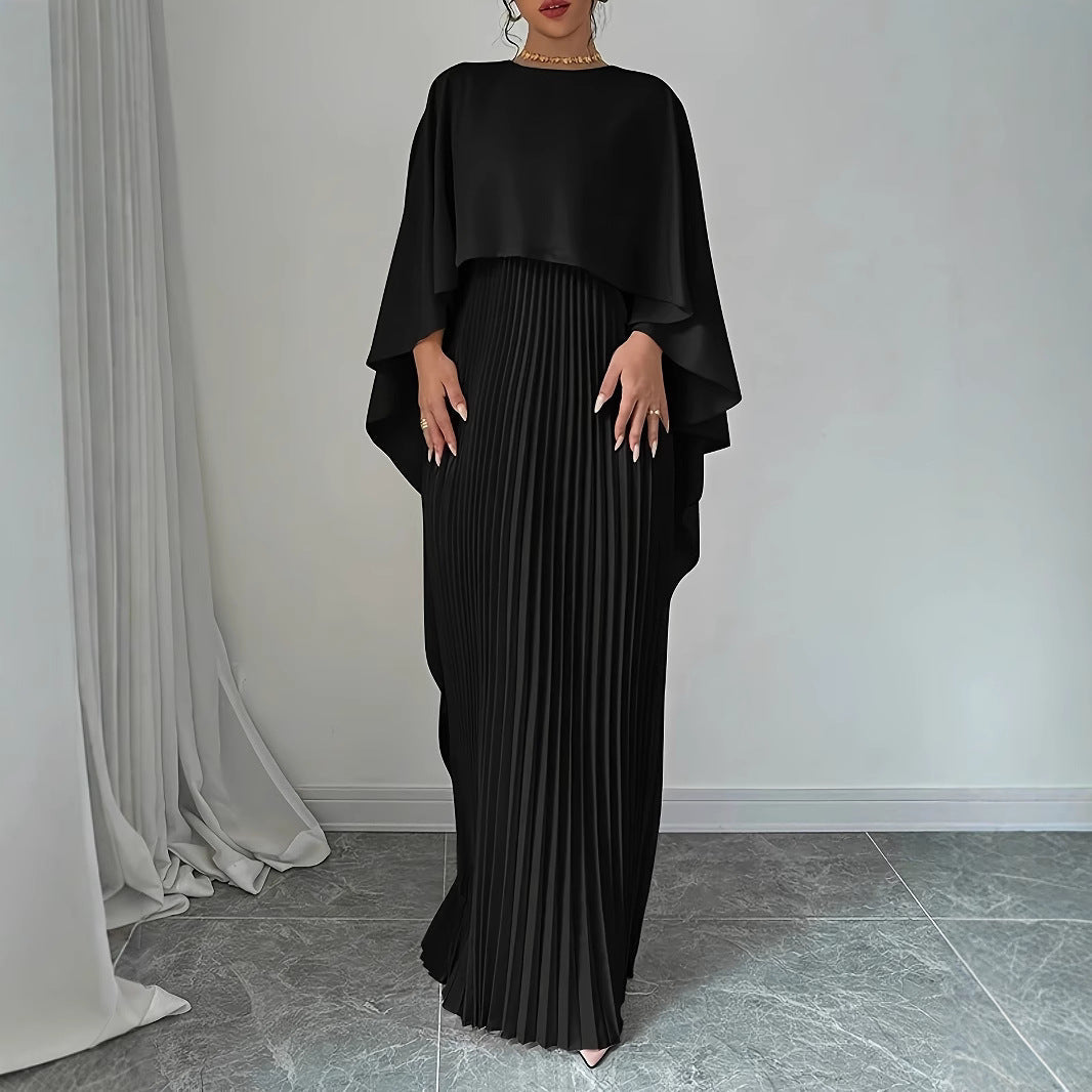 Women’s Maxi Dress – Elegant Pleated Skirt – Batwing Sleeves – High Neck Flowing Fit