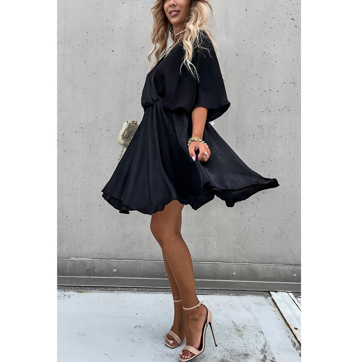 Women’s Dress – Relaxed Fit – Batwing Sleeves – Asymmetrical Hem – Knot Front V-Neck