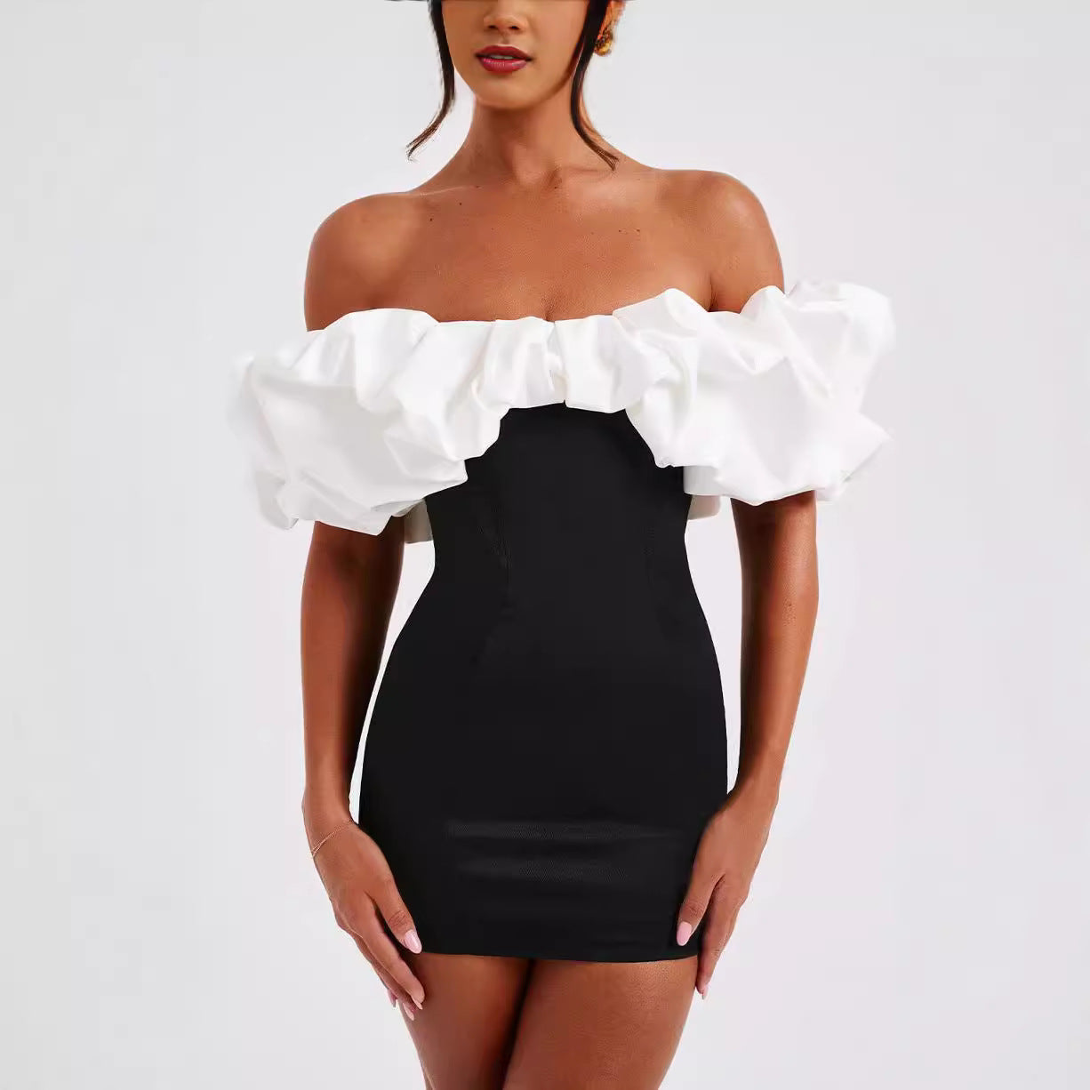 Women’s Mini Dress – Off Shoulder – Ruffled Neckline – Slim Fit Bodycon Party Wear