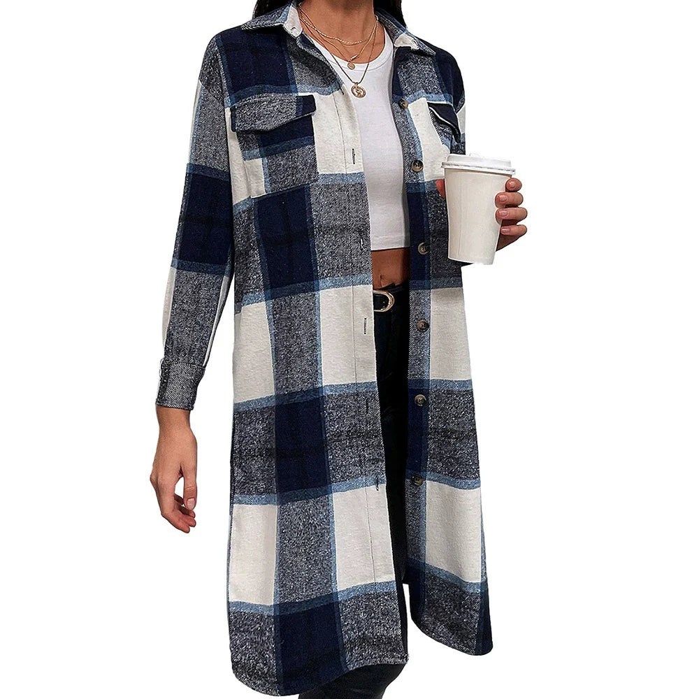 Women’s Shirt Jacket – Oversized Fit – Plaid Pattern – Soft Woven Fabric – Mid-Length