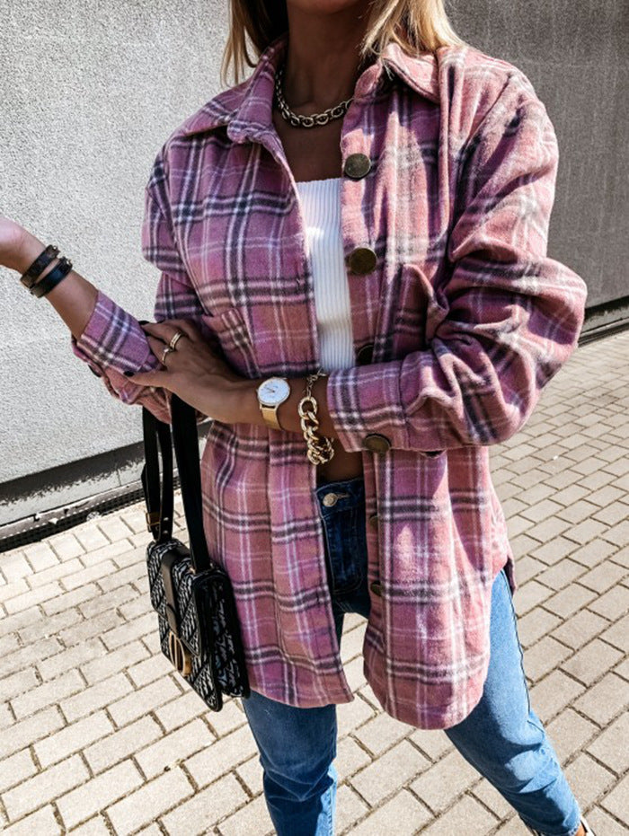 Women’s Jacket – Oversized Fit – Wool-Like Texture – Plaid – Button Front – Mid-Length