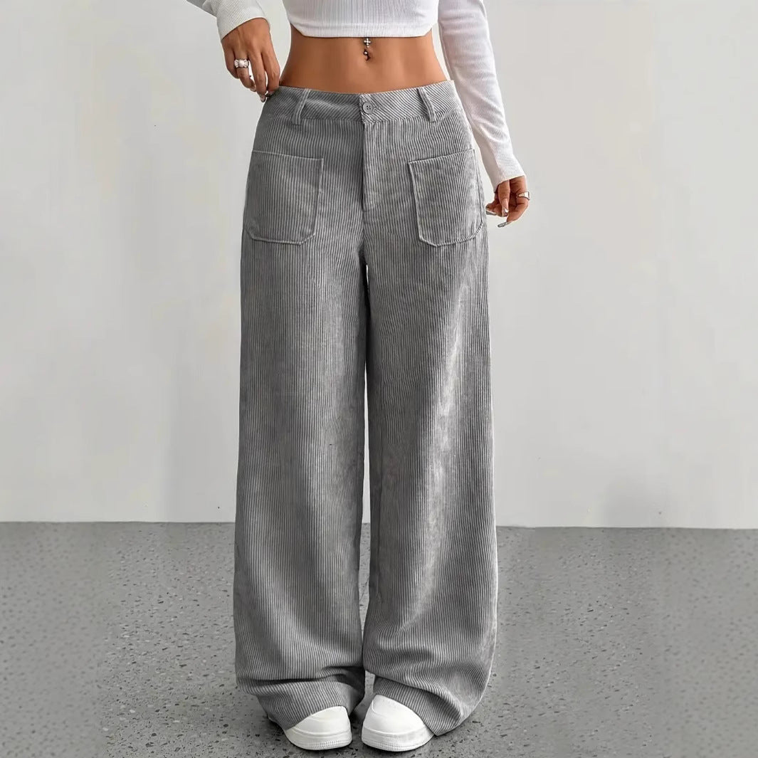 Women’s Pants - Corduroy - High Waist - Wide Leg - Front Patch Pockets