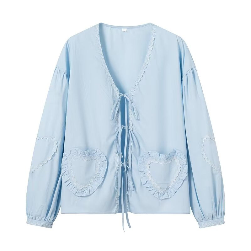 Women's Blouse - Gingham Checkered - Open Back with Ties - Puff Sleeve Embroidered