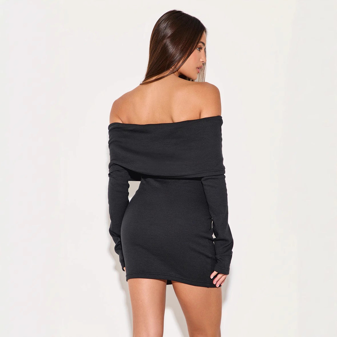 Women’s Off-Shoulder Dress – Slim Fit – Ribbed Knit – Button Front – Mini Long Sleeve