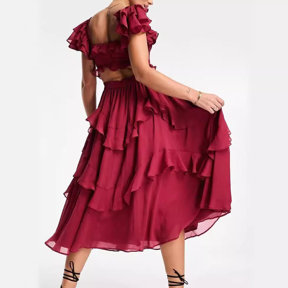 Women's Off-Shoulder Midi Dress - Tiered Ruffle Skirt - Elegant Flowing Fit