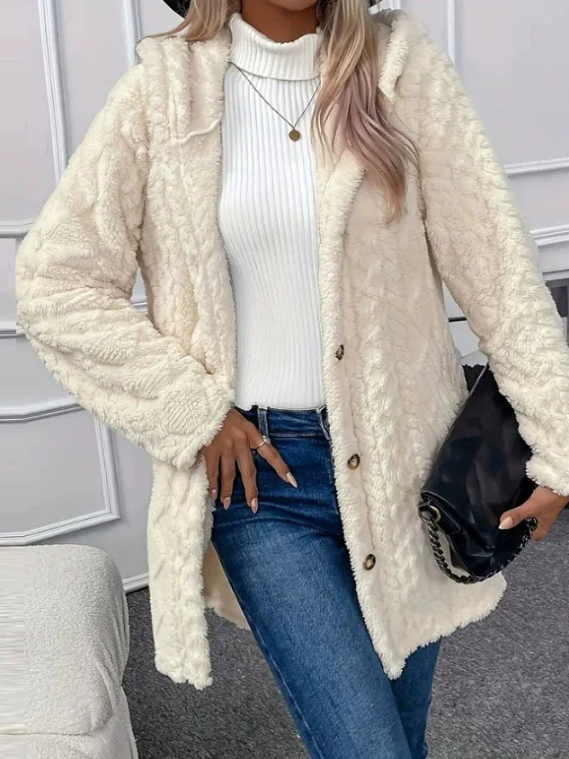 Women’s Long Jacket – Plush Textured Fleece – Oversized Fit – Hooded Button Front