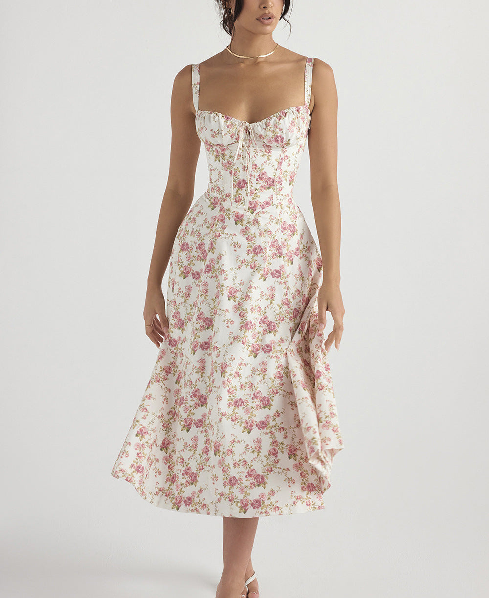 Women’s Midi Dress – Sleeveless A-Line – Tie Front – Floral Print – Breathable Fabric
