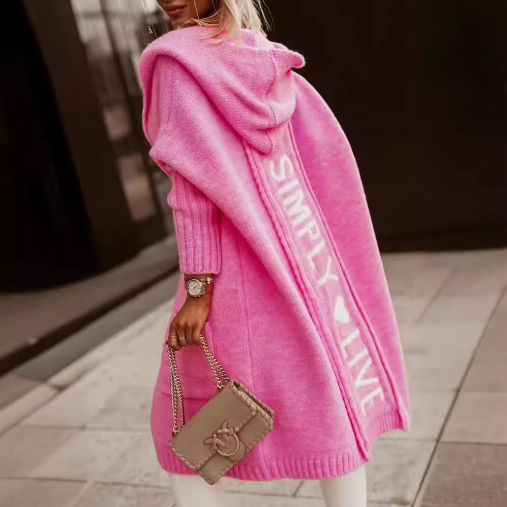 Women's hooded knitted loose mid-length cardigan