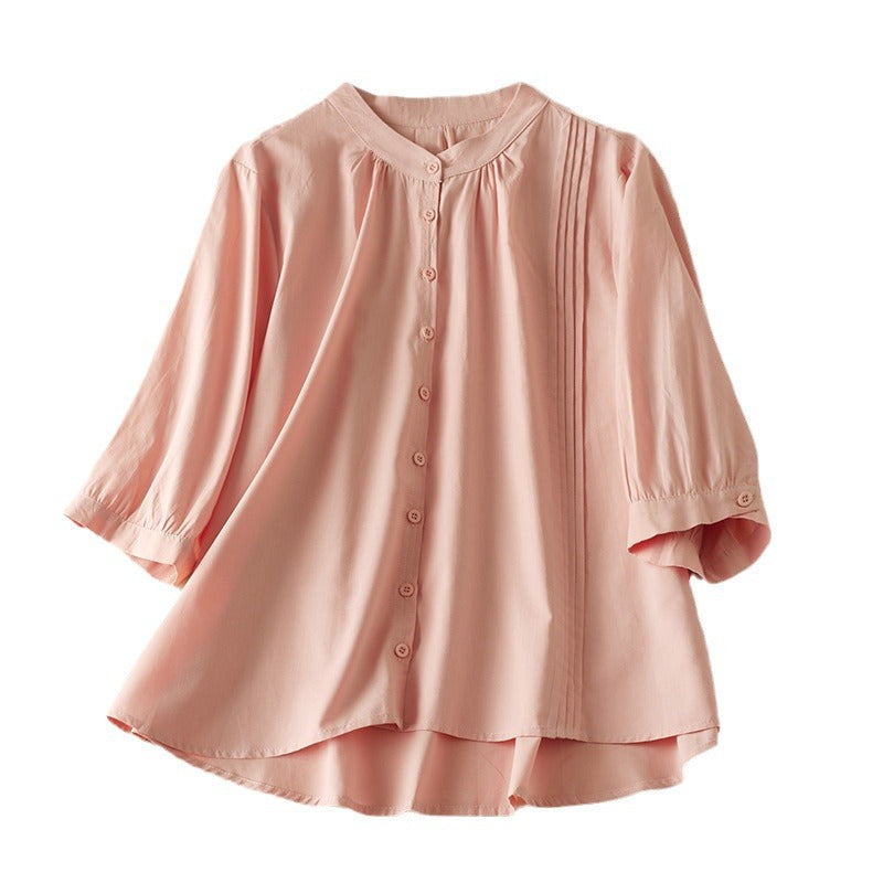 Women’s Half-Sleeve Shirt – Relaxed Fit – Natural Fibers – Stand Collar – Pleated Front