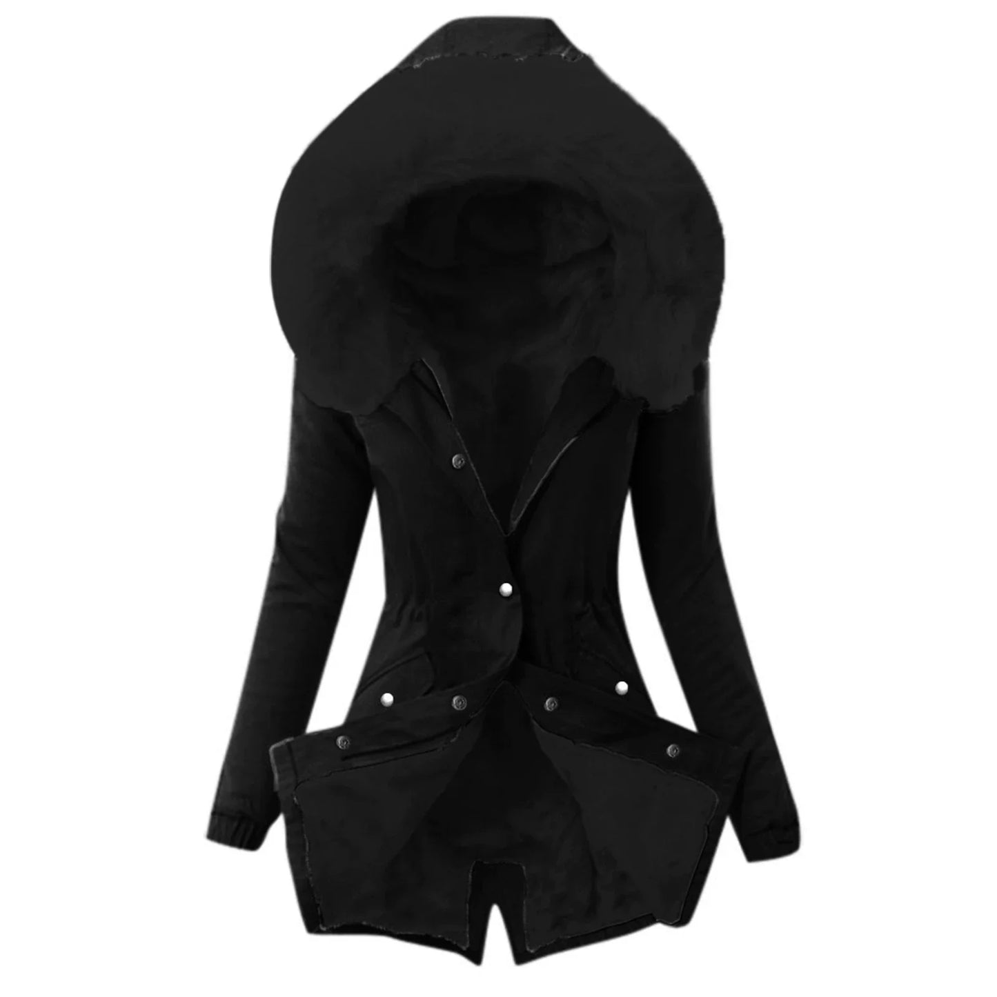 Women’s Jacket – Slim Fit – Plush-Lined Hood – Adjustable Waist – Mid-Length – Button Front