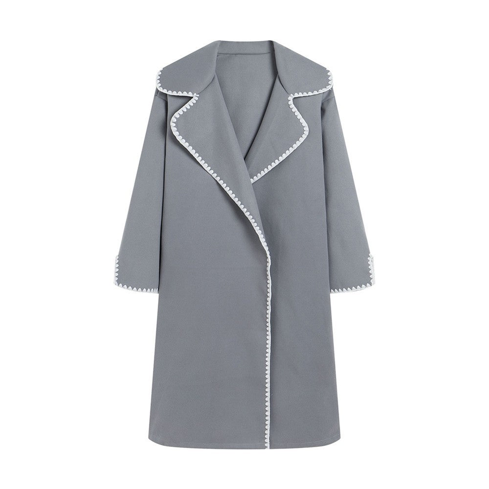 Women’s Windbreaker Jacket – Wool Fabric – Oversized Fit – Lapel – Shell Embroidery