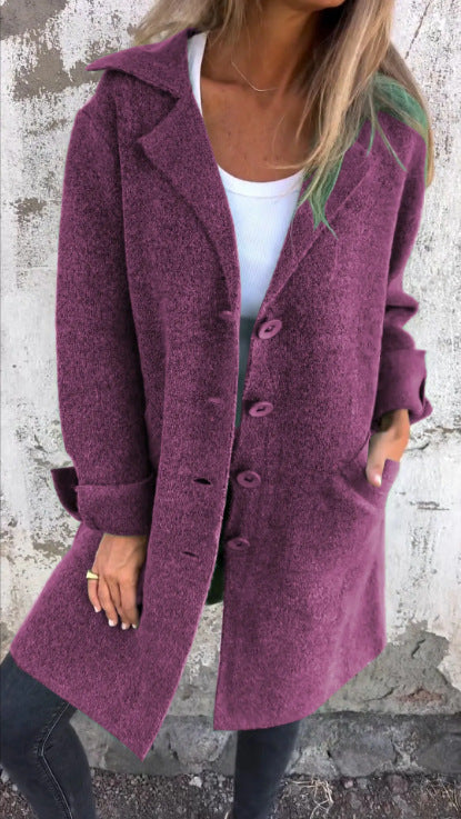 Women’s Mid-Length Coat – Relaxed Fit – Wool Feel – Lapel Collar – Single-Breasted