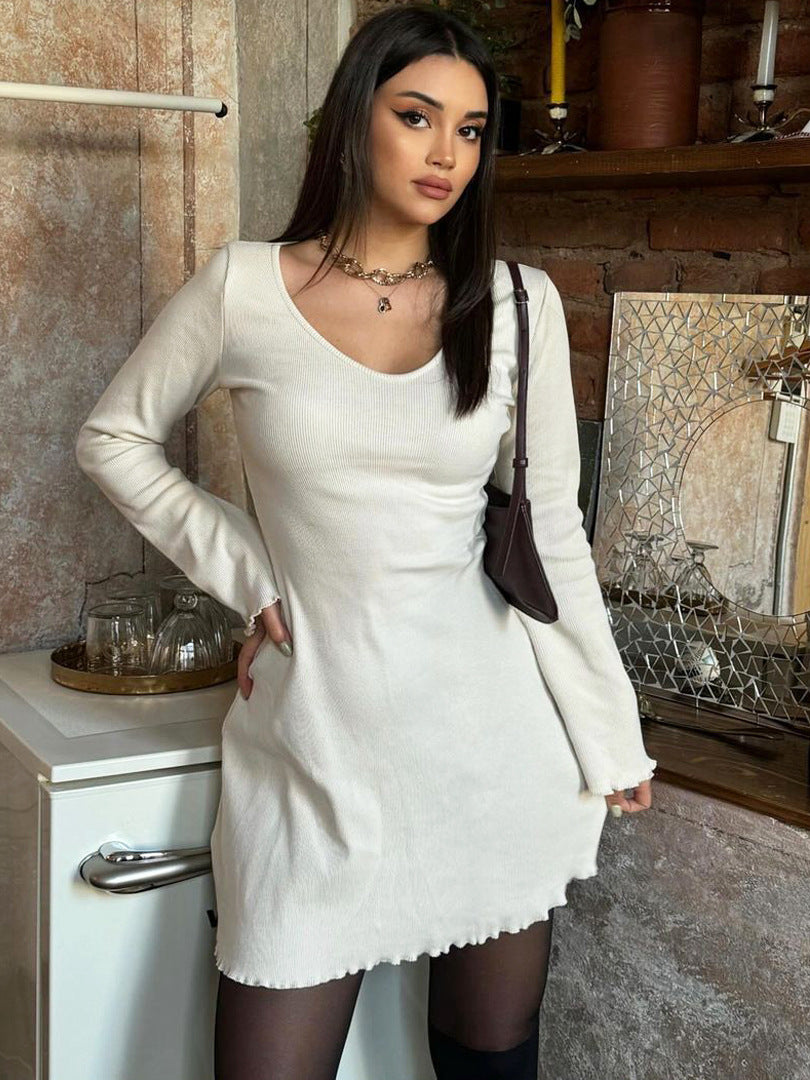 Women's Ribbed Knit Mini Dress - Fitted Silhouette - Scoop Neck - Long Sleeve