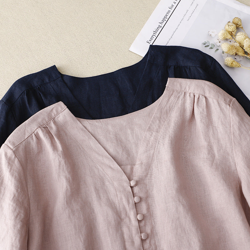 Women's Blouse - Lightweight - V-Neck - Button-Up Long Sleeve