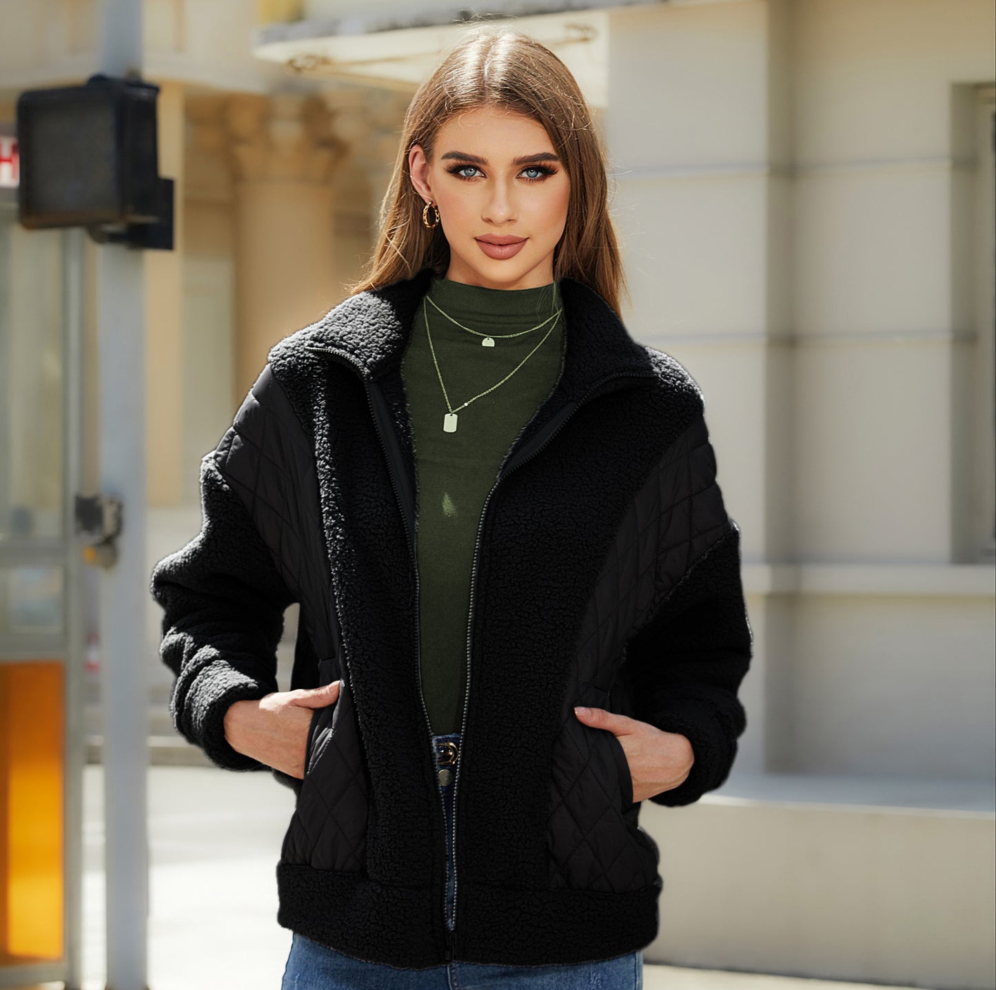 Women's plush zip-up spliced velvet jacket