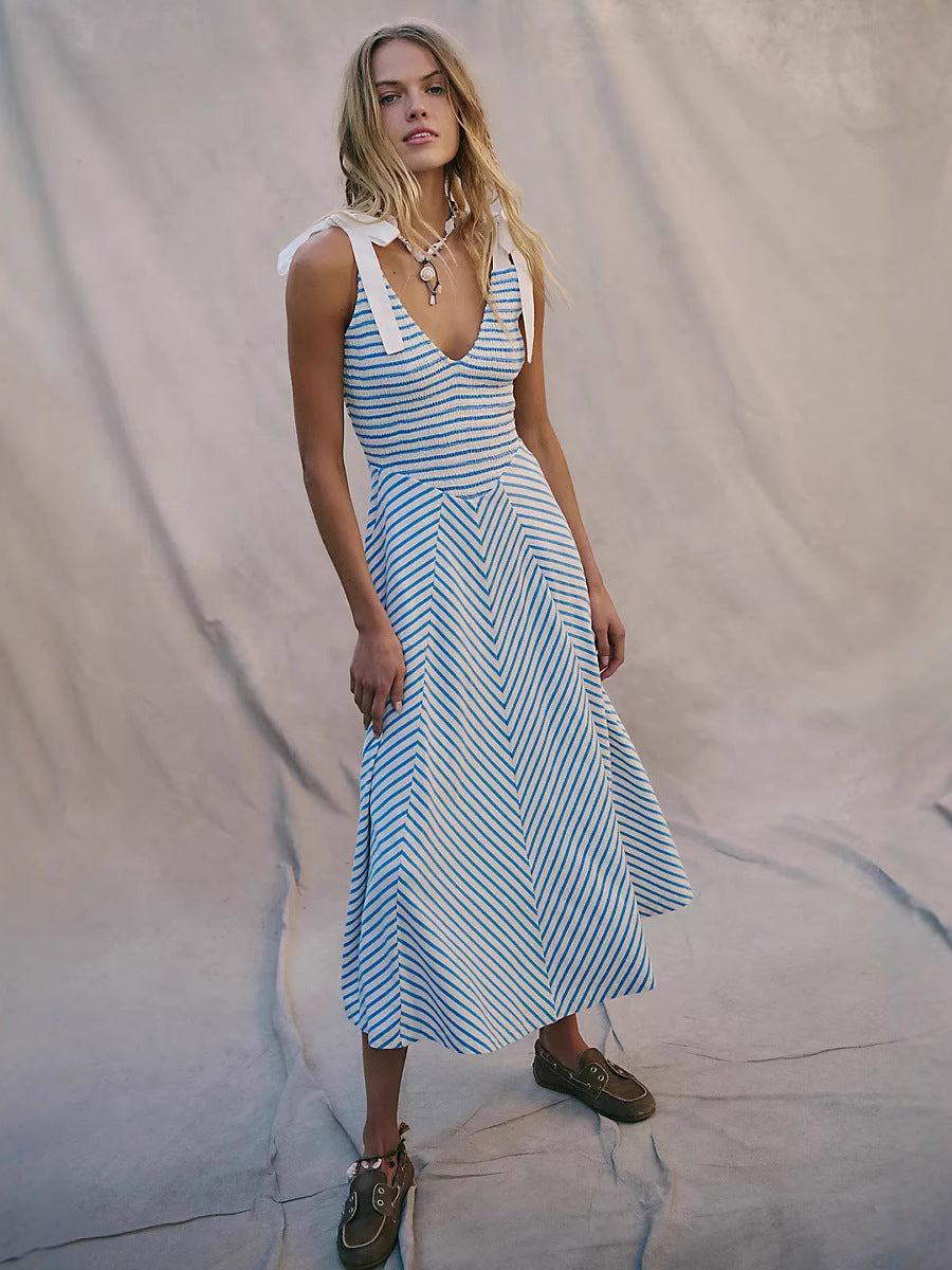 Women’s Midi Dress – A-Line Fit – Adjustable Straps – Deep V-Neck – Cotton Fabric