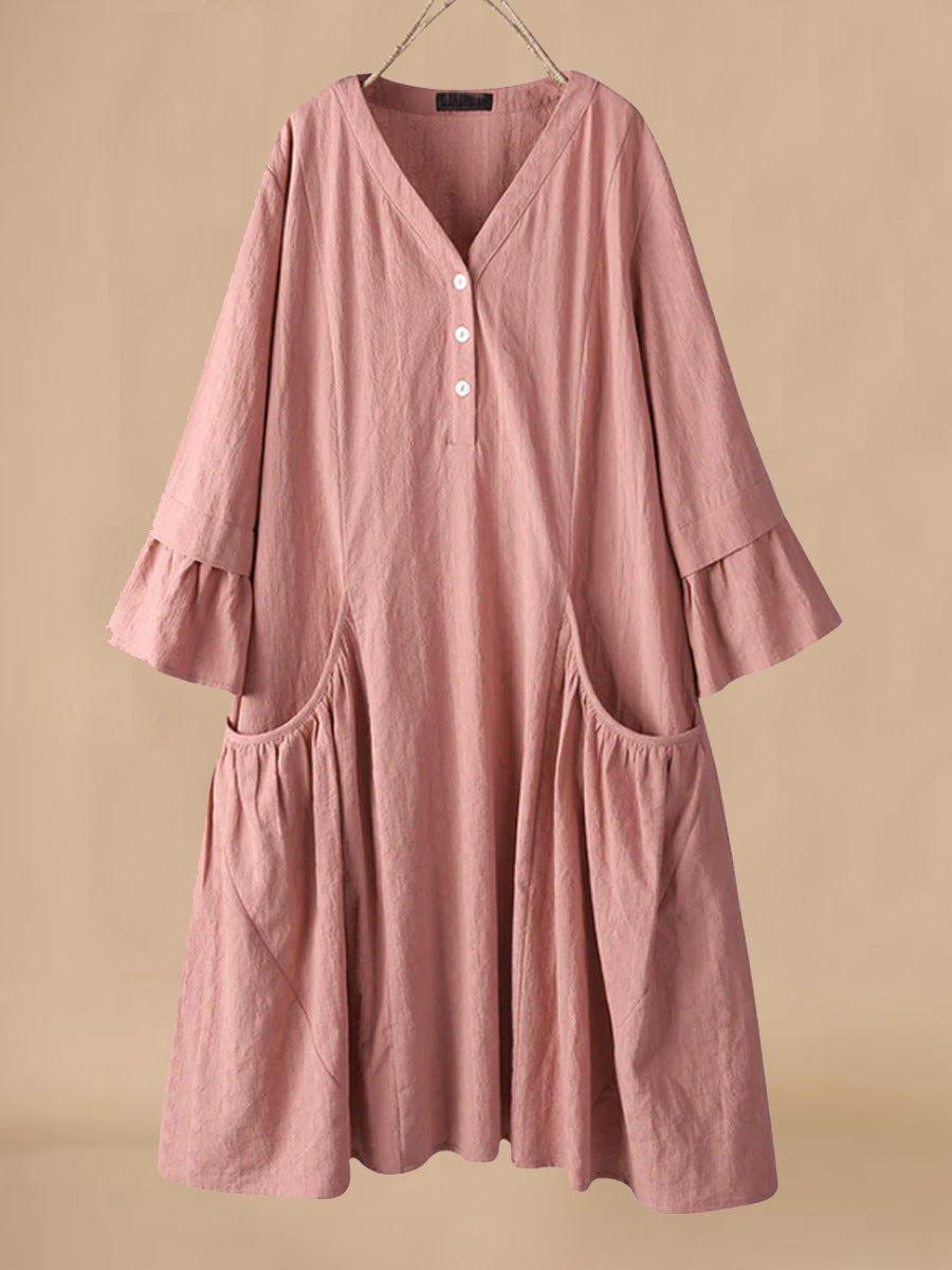 Women’s Midi Dress – Cotton Linen Blend – V-Neck – Flared Sleeves – Relaxed Fit – Pockets