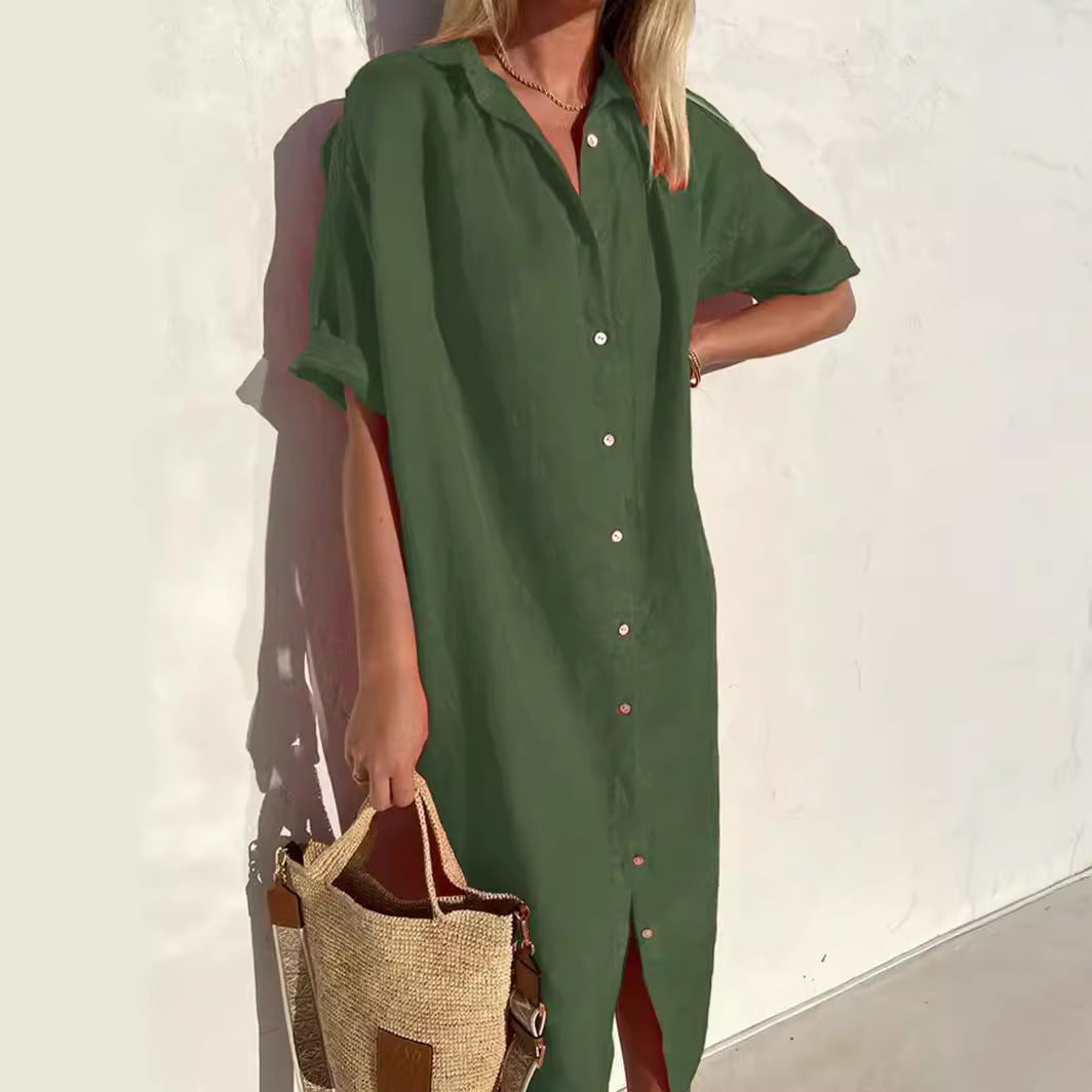 Women’s Shirt Dress – Cotton Linen Blend – Relaxed Fit – Midi Length – Button Down