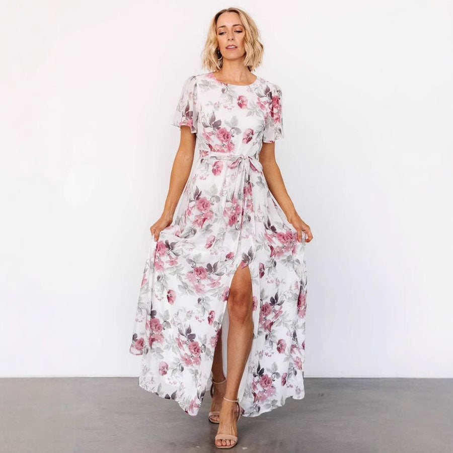 Women’s Maxi Dress – Slim Fit – Floral Print – Short Sleeve – Front Slit – Cotton Blend