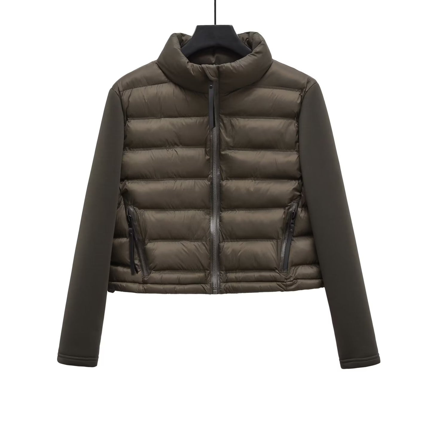 Women's winter puff coat with a notched neckline and zipper closure