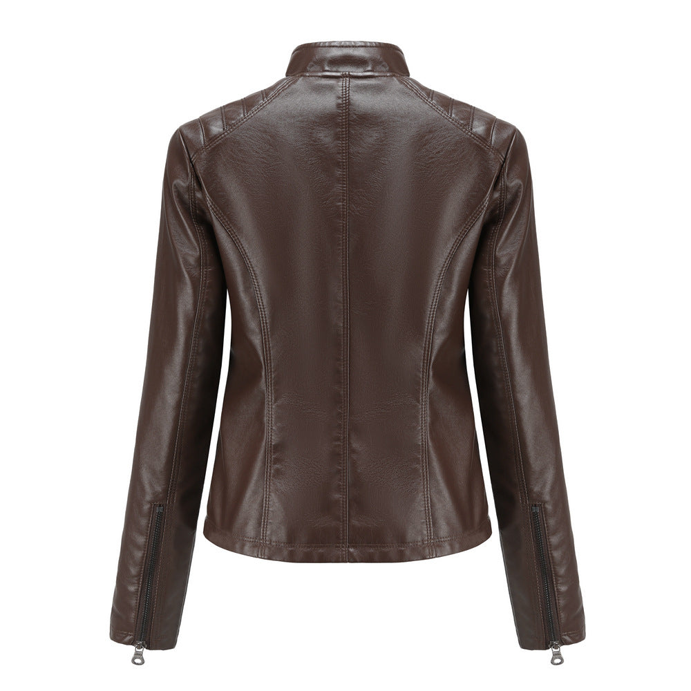 Women's casual faux leather stand-up collar jacket