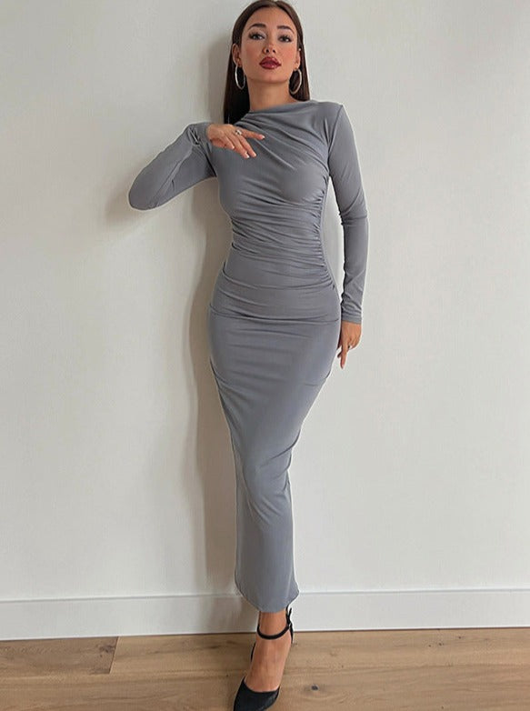 Women’s Maxi Dress - Bodycon Fit - Long Sleeve - High Neck - Elegant Ruched Design