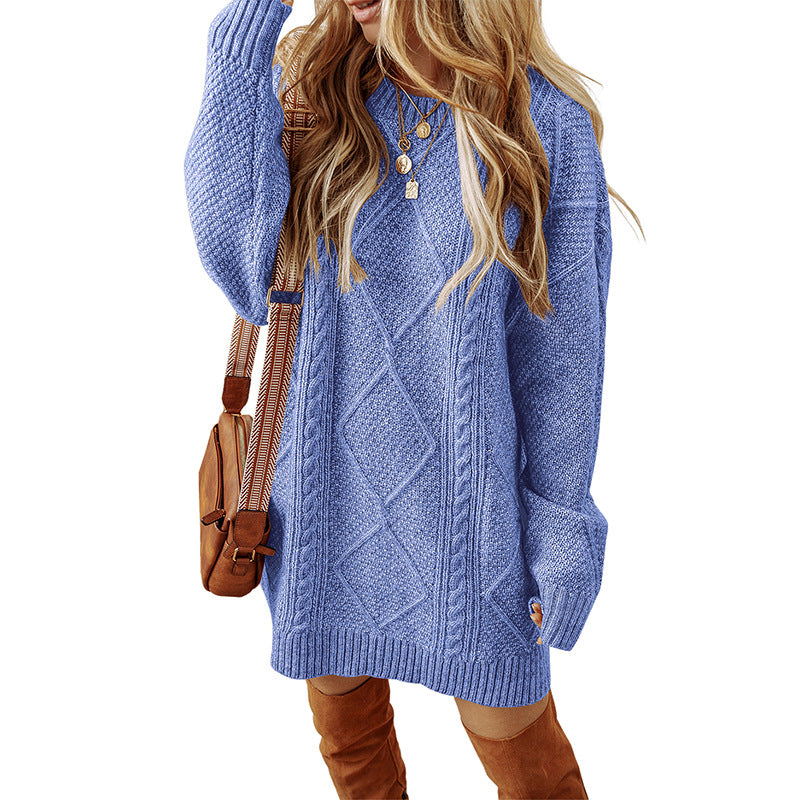 Women’s Sweatshirt – Cable Knit Wool – Loose Fit – Knee Length – Long Sleeve Casual Wear