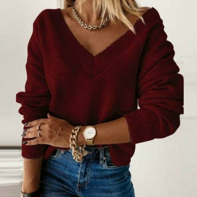 Women's v neck solid color sweater