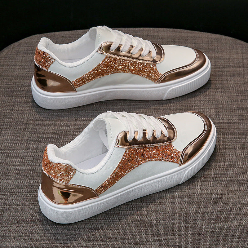 Women's Platform Sneakers - Leather & Glitter Fabric - Lace-Up Casual Shoes