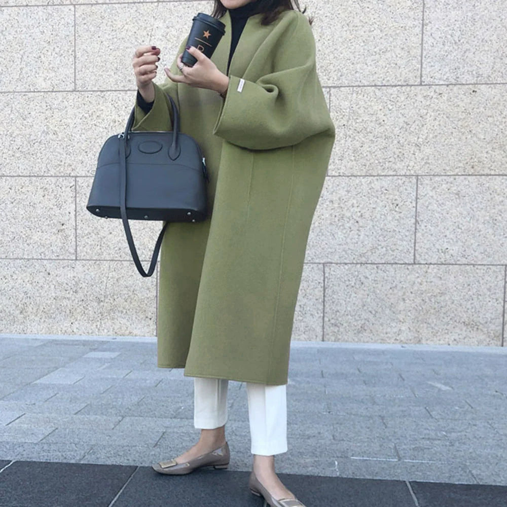 Women’s Long Coat – Wool Blend – Oversized Relaxed Fit – Open Front – Mid-Calf Length