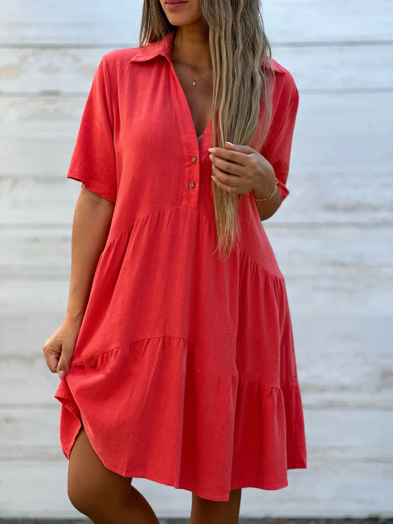 Women's Short Sleeve Dress - Buttoned Down Front - Relaxed Fit