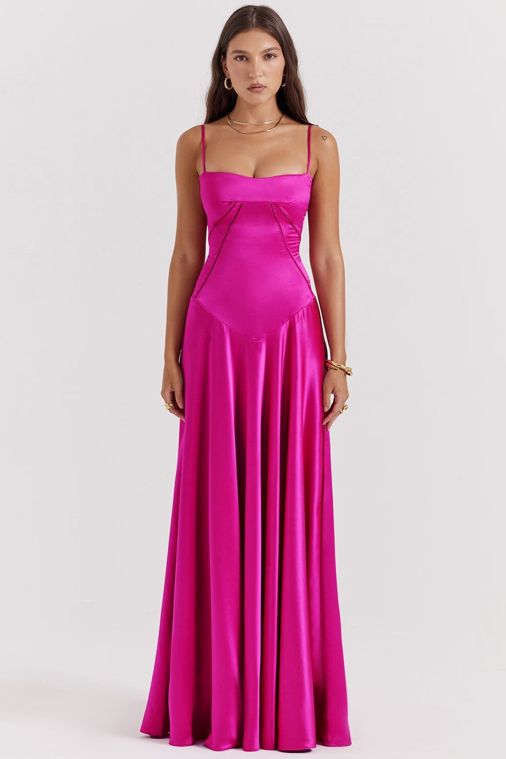 Women’s Midi Dress – Silky Fabric – Slim Fit Bodice – Spaghetti Straps – Flowing Skirt