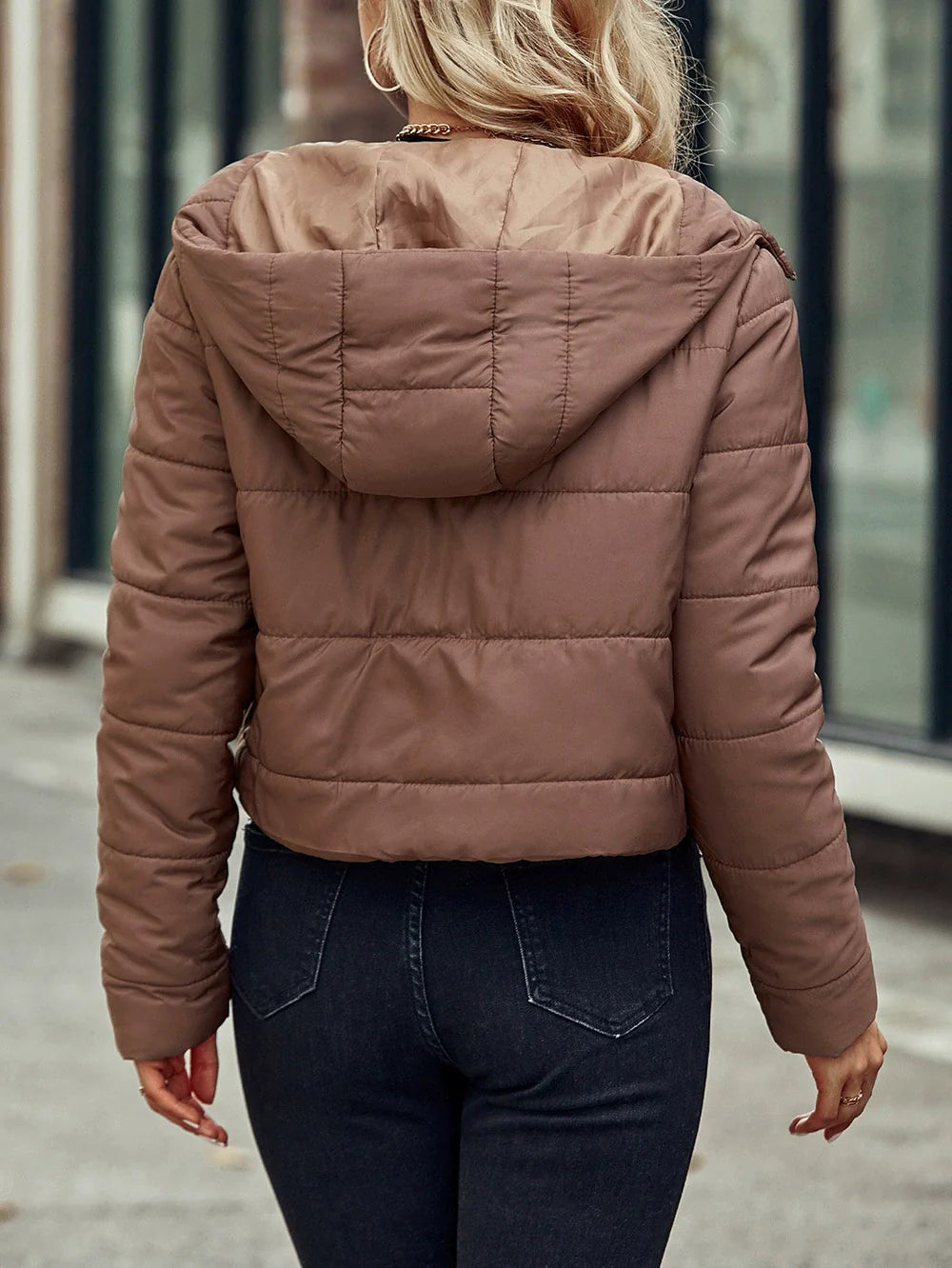 Women’s Quilted Jacket – Cropped Fit – Cotton Blend – Hooded – Zip Front – Adjustable Hem