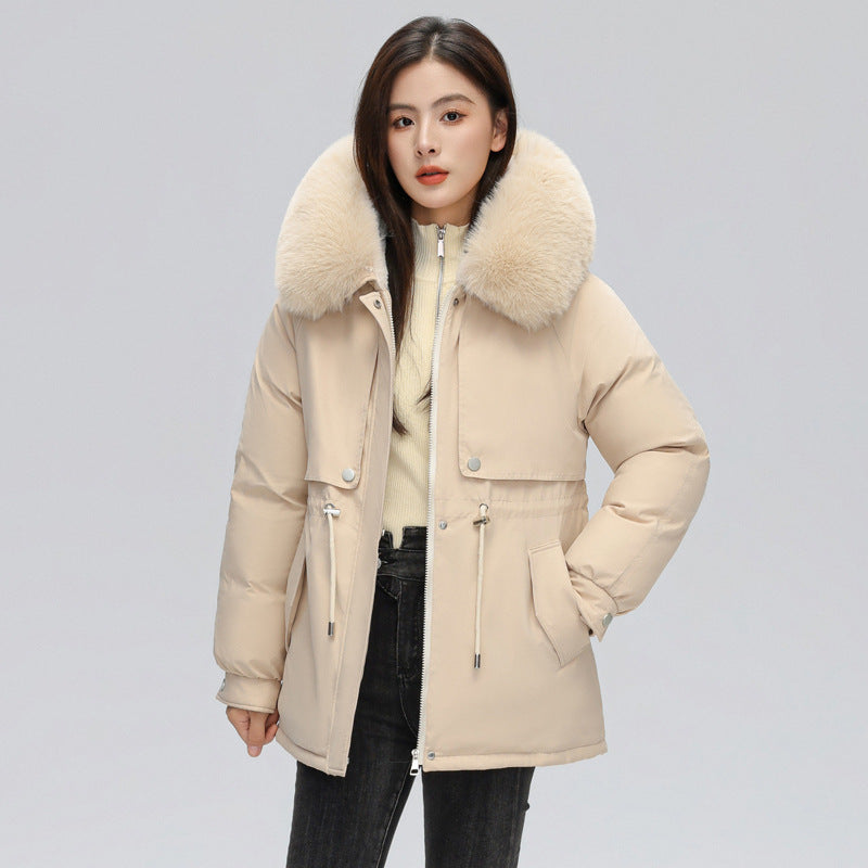 women's winter jacket with drawstring waist and fur collar