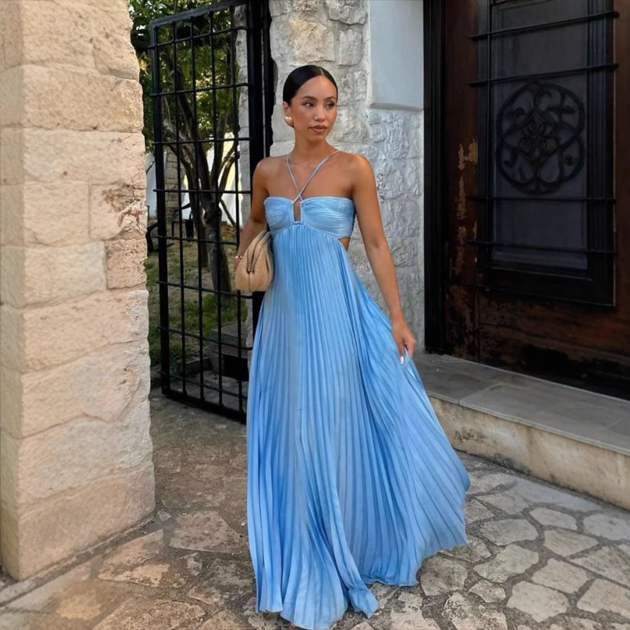 Women’s Maxi Dress – Chiffon Pleated Skirt – Strappy Bustier Top – Sweetheart Neckline